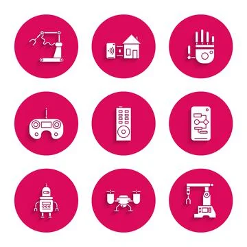 Set Remote control, Drone flying with action camera, Assembly line, Algorithm Stock Illustration