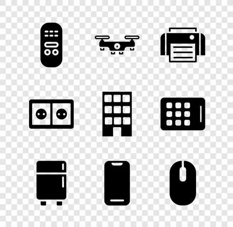 Set Remote control, Drone flying, Printer, Refrigerator, Smartphone, Computer Stock Illustration