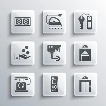 Set Remote control, Lift, Security camera, Telephone handset, Paying tips Stock Illustration