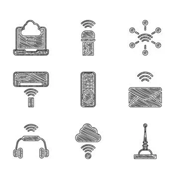 Set Remote control, Network cloud connection, Antenna, Mail and e-mail, Smart 스톡 일러스트