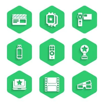 Set Remote control, Play Video, 3D cinema glasses, Movie trophy, Laptop wit.. Stock Illustration