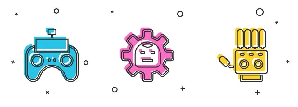 Set Remote control, Robot and Mechanical robot hand icon. Vector Ilustração Stock