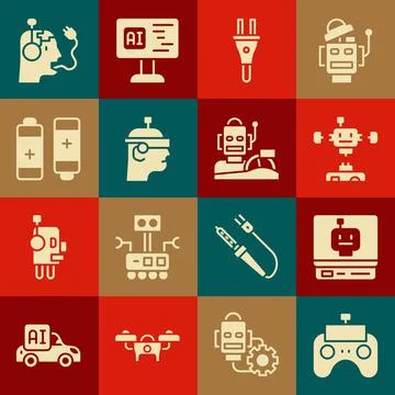 Set Remote control, Robot, Disassembled robot, Electric plug, Smart glasses 스톡 일러스트