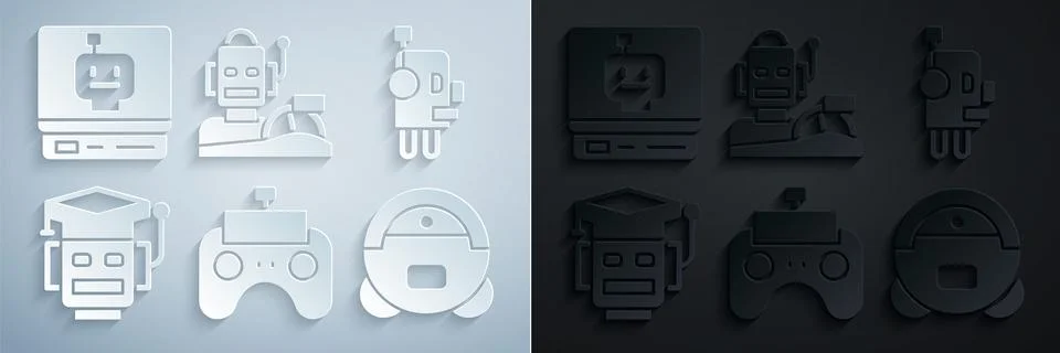 Set Remote control, Robot, vacuum cleaner, humanoid driving car and icon. Vector Stock Illustration