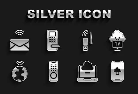 Set Remote control, Smart Tv, Cloud technology data, Network cloud connection Stock Illustration