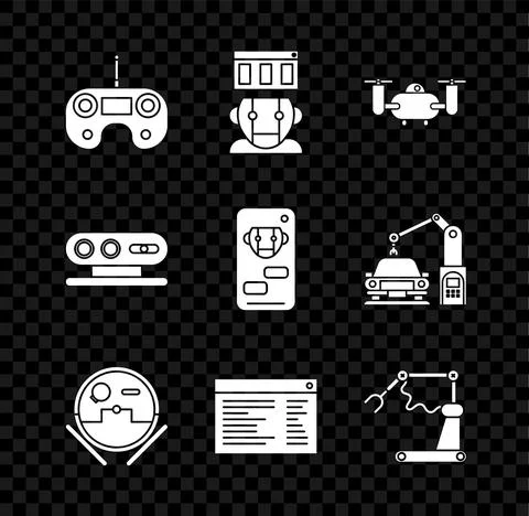 Set Remote control, vacuum cleaner, Software, web developer programming code Illustrazione stock