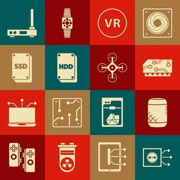Set Remote control, Voice assistant, RAM, random access memory, Virtual reality Illustrazione stock