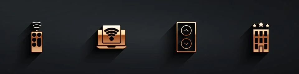 Set Remote control, Wireless laptop, Lift and Hotel building icon with long Ilustración de archivo
