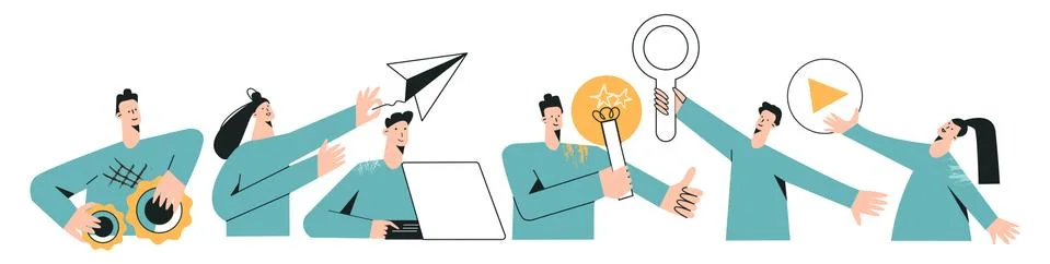 Set of remote team characters modern flat vector illustration. Global cybersp 스톡 일러스트