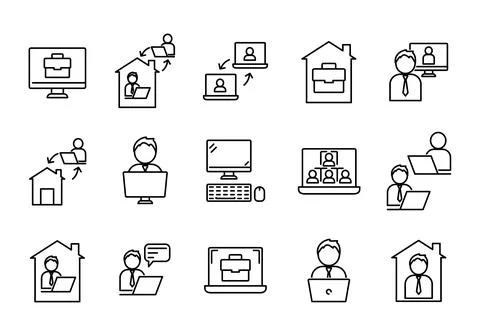 Set of remote work concept icons. Flat working pictograms for web. Line strok Stock Illustration