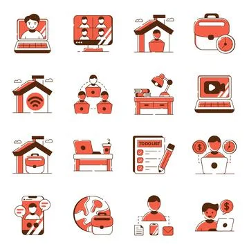 Set of Remote Work Flat Icons Stock Illustration