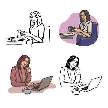 Set of remote work online freelance office women website vector illustrations Stock Illustration
