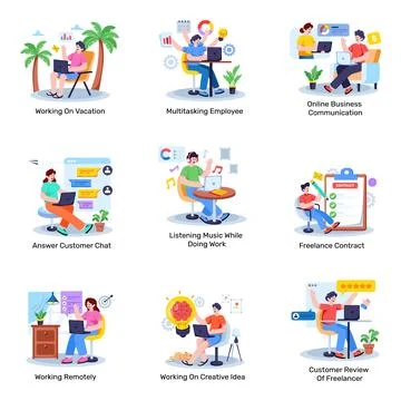 Set of Remote Working Flat Illustrations Stock Illustration