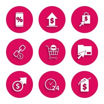 Set Remove shopping cart, Clock 24 hours, Price tag with dollar, Cursor click Stock Illustration