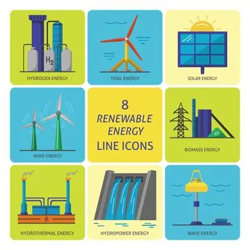 Set of renewable energy flat style icons Stock Illustration