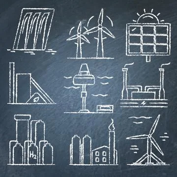 Set of renewable energy hand drawn icons on chalkboard Stock Illustration