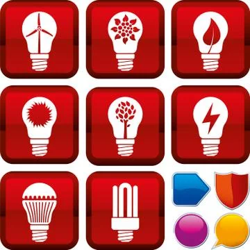 Set of renewable energy icons on square buttons. Geometric style. Stock Illustration