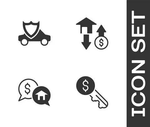 Set Rent key, Car with shield, Price negotiation and House dollar icon. Vector Stock Illustration
