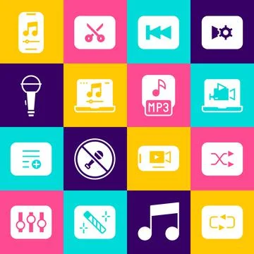 Set Repeat button, Arrow shuffle, Online play video, Rewind, Laptop with music Stock Illustration