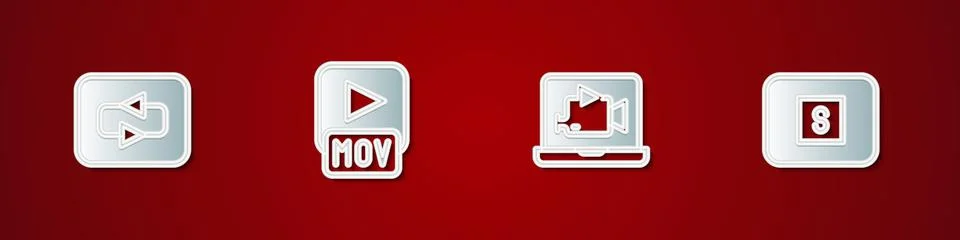 Set Repeat button, MOV file, Online play video and Stop media icon. Vector Stock Illustration