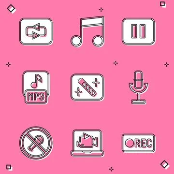 Set Repeat button, Music note, tone, Pause, MP3 file, Photo retouching Stock Illustration