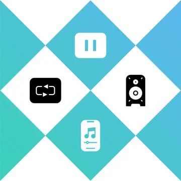 Set Repeat button, Music player, Pause and Stereo speaker icon. Vector Stock Illustration