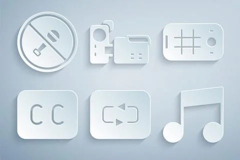 Set Repeat button, Selfie mobile, Subtitles, Music note, tone, Cinema camera and Stock Illustration