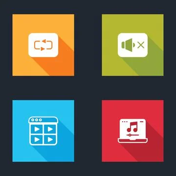 Set Repeat button, Speaker mute, Music playlist and Laptop with music icon Stock Illustration