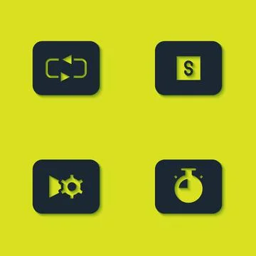 Set Repeat button, Stopwatch, Music or video settings and media icon. Vector Stock Illustration