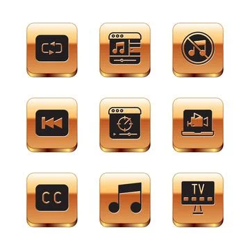 Set Repeat button, Subtitles, Music note, tone, Online play video, Rewind Stock Illustration