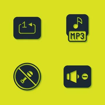 Set Repeat track music player, Speaker mute, Mute microphone and MP3 file ico Illustrazione stock