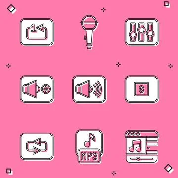 Set Repeat track music player, Microphone, Sound mixer controller, Speaker .. Illustrazione stock