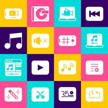 Set Repeat track music player, Add to playlist, Laptop with, Online video, .. Stock Illustration