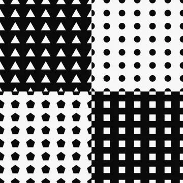 Set of repeatable patterns with triangle, circle, octagon and square shapes. Stock Illustration