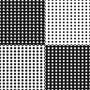 Set of repeatable patterns with triangle, circle, octagon and square shapes. Stock Illustration