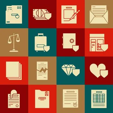 Set Report file document, Heart with shield, Shopping building, Blank notebook Ilustración de archivo