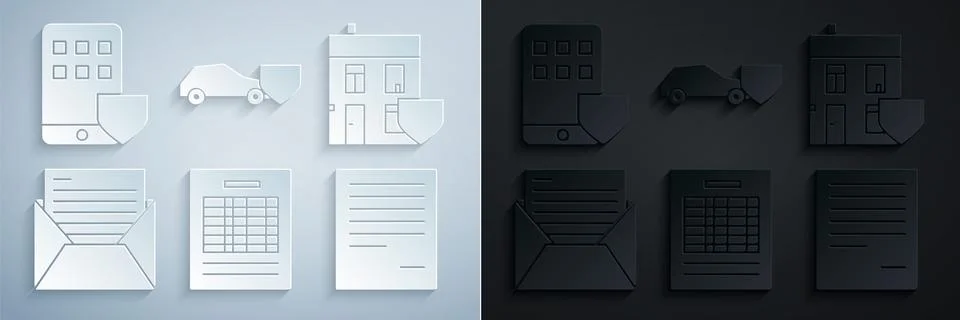 Set Report file document, House with shield, Mail and e-mail, Document, Car.. Illustrazione stock