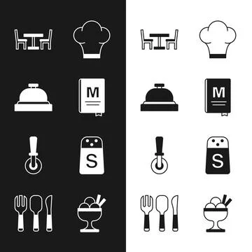 Set Restaurant cafe menu, Hotel service bell, Wooden table with chair, Chef.. Illustrazione stock