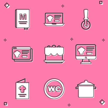 Set Restaurant cafe menu, Online ordering and delivery, Pizza knife, Cake Illustrazione stock