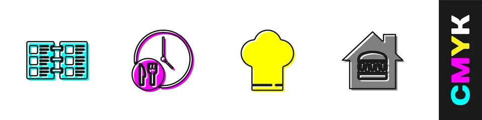 Set Restaurant cafe menu, Round the clock delivery, Chef hat and Online ordering Stock Illustration