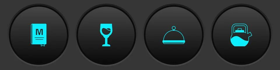 Set Restaurant cafe menu, Wine glass, Covered with tray and Kettle handle icon Illustration
