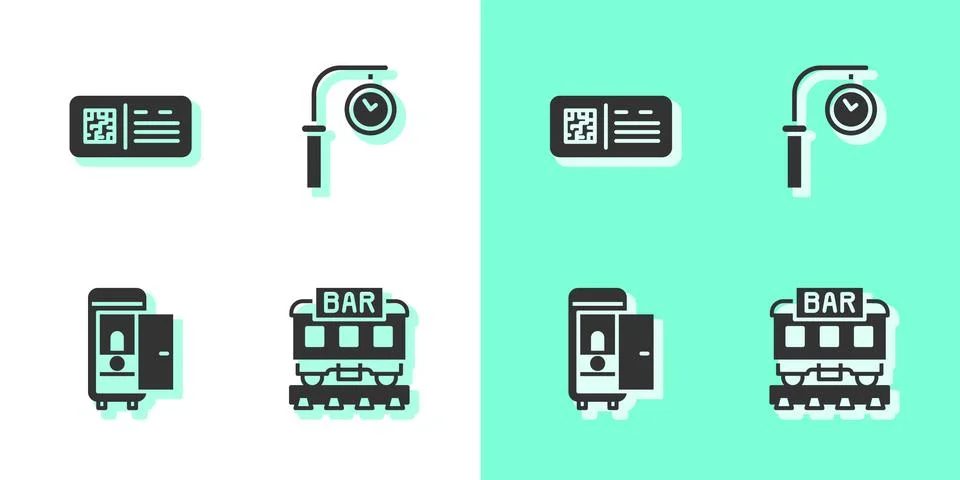 Set Restaurant train, QR code ticket, Toilet the car and Train station clock Ilustración de archivo