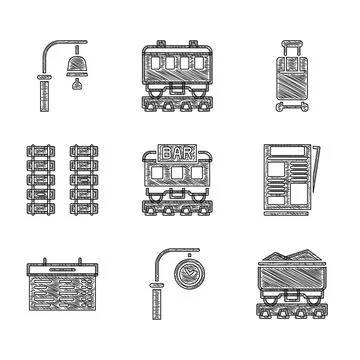 Set Restaurant train, Train station clock, Coal wagon, News, board, Railway Stock Illustration