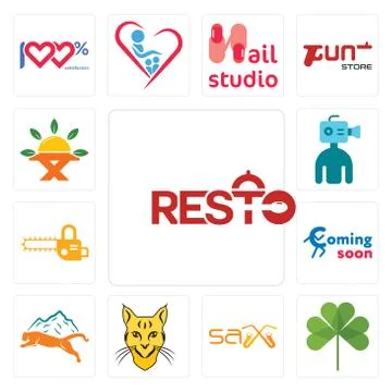 Set of resto, three leaf clover, sax, bobcat, mountain lion, coming soon, cha Free Stock Illustration
