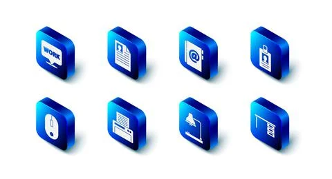Set Resume, Address book, Identification badge, Office desk, Table lamp, Printer Stock Illustration