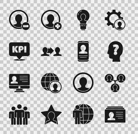 Set Resume, Project team base, Head with question mark, lamp bulb, Key Illustrazione stock