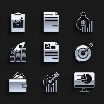 Set Resume, Target with graph chart, Computer monitor, Wallet stacks paper money Illustrazione stock
