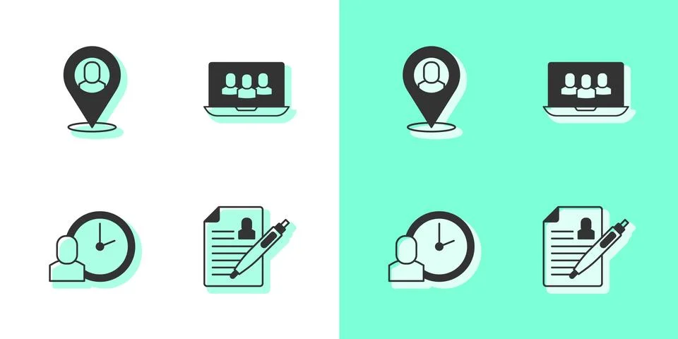 Set Resume, Worker location, time and Project team base icon. Vector 스톡 일러스트