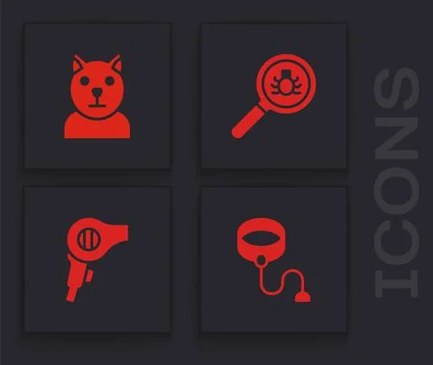 Set Retractable cord leash, Cat, Flea search and Hair dryer icon. Vector イラスト素材