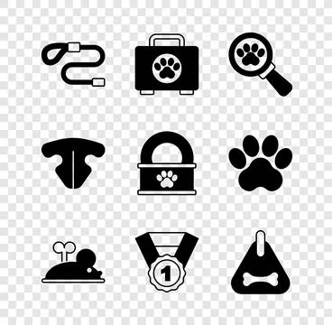 Set Retractable cord leash, Pet first aid kit, Veterinary clinic, Clockwork Stock Illustration